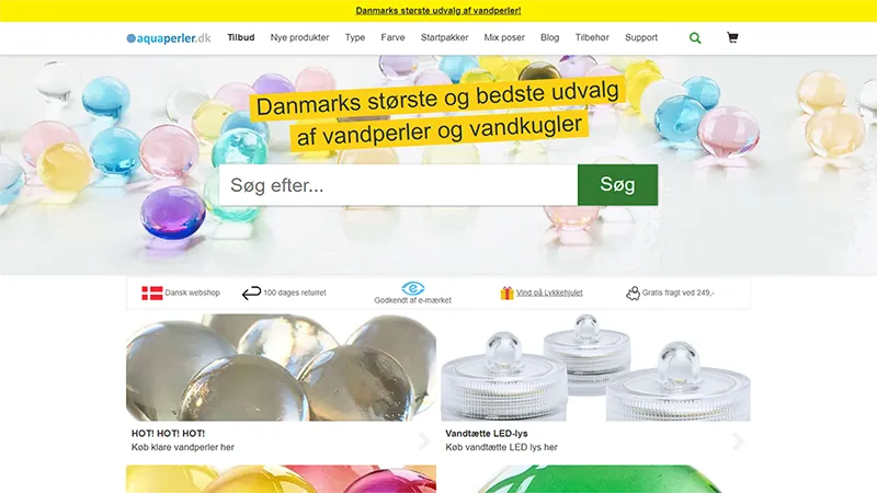 Forside-screenshot af Aquaperler.dk webshop