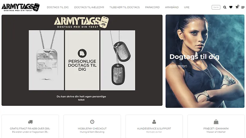 Forside-screenshot af Armytags webshop