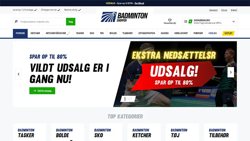 Forside-screenshot af Badmintonshoppen webshop