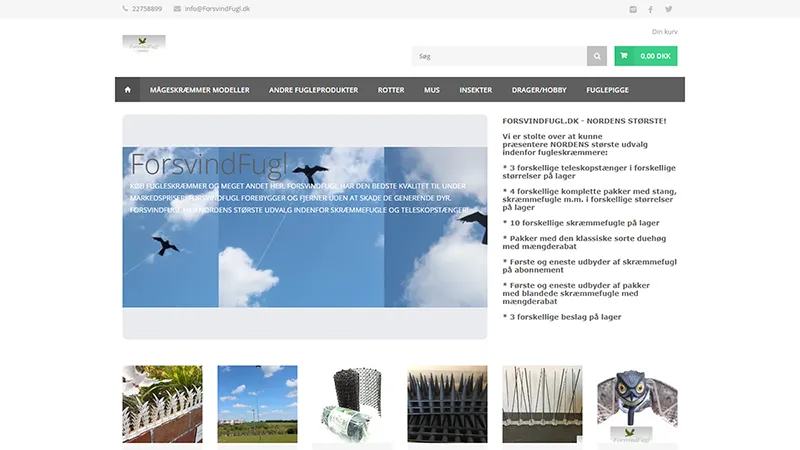 Forside-screenshot af ForsvindFugl.dk webshop