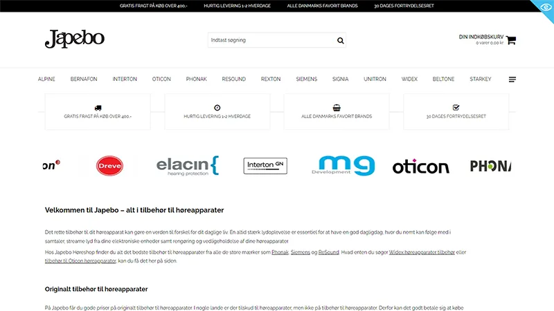 Forside-screenshot af Japebo webshop