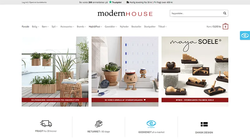 Forside-screenshot af ModernHouse webshop