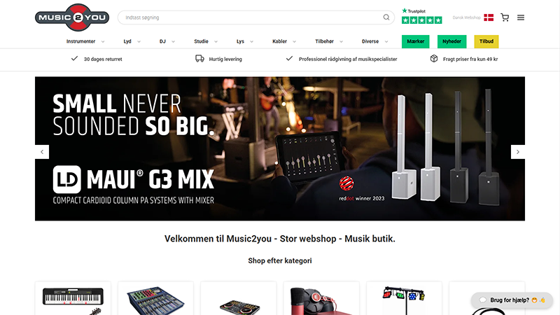 Forside-screenshot af Music2you webshop