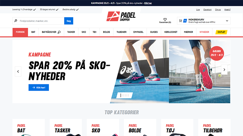 Forside-screenshot af Padelshoppen webshop