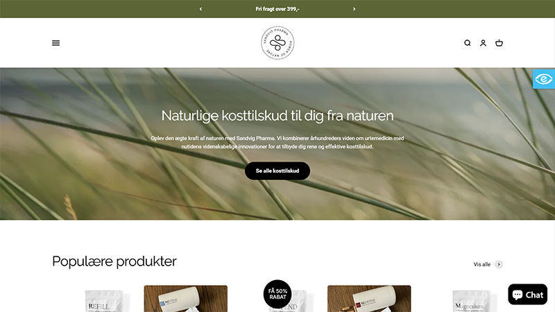 Forside-screenshot af Sandvig Pharma webshop