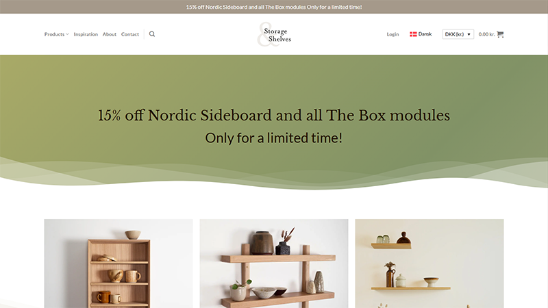 Forside-screenshot af Storage And Shelves webshop