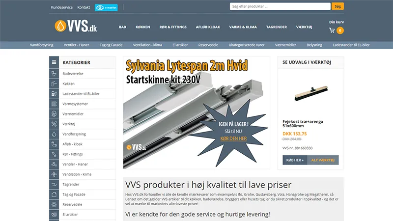 Forside-screenshot af VVS.dk webshop